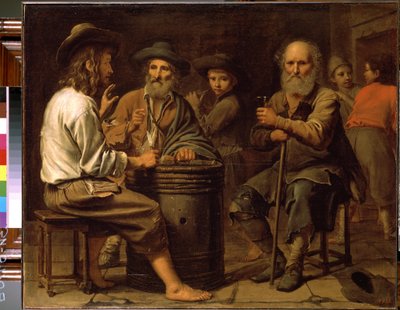 Chłopi w karczmie. (Chłopi w karczmie). Trzech mężczyzn przy stole pijących wino i jedzących ser serwowany przez młodego chłopca na beczce. Obraz Mathieu Le Naina (1607-1677), ok. 1640 r. Olej na płótnie. Ermitaż, Saint Petersbou autorstwa Mathieu Le Nain