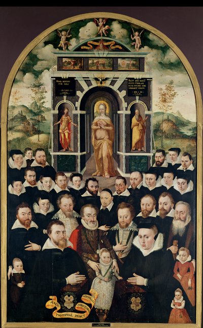 Tablica alegoryczna przedstawiająca Dziewicę, Henryka IV (1553-1610) oraz dworzan, darczyńców, jego żonę i członków ich rodziny autorstwa Mathieu Prieur