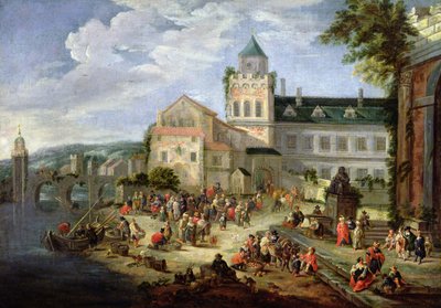 Rynek nad brzegiem rzeki autorstwa Mathys Schoevaerdts