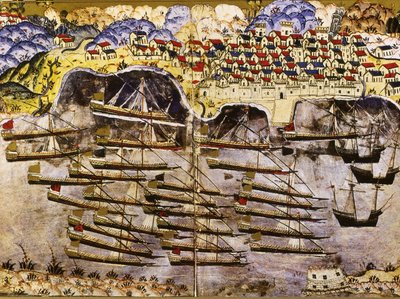 Flota Barbarossy zimująca we francuskim porcie w Tulonie, 1543, połowa XVI wieku autorstwa Matrakci Nasuh