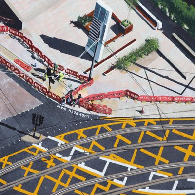 Push Button and Wait, 2020 (akryl na panelu) autorstwa Matt Bannister