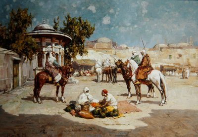 Arabscy wojownicy na rynku, ok. 1910 (olej na desce) autorstwa Matteo Da Angelo Rossotti