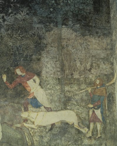 Mężczyźni polujący z psami, fragment dekoracji z La Chambre du Cerf Pokój Kawalerski 1347 fresk autorstwa Matteo Giovanetti