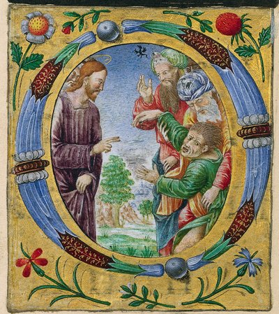 Wycinanie z Mszału: Inicjał O z Chrystusem odprawiającym egzorcyzmy, c. 1520. autorstwa Matteo da Milano