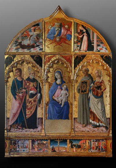 Madonna z Dzieciątkiem i świętymi Jakubem, Augustynem, Bernardynem i Małgorzatą, pierwsze dekady XIV wieku (tempera na panelu) autorstwa Matteo di (c.1430-95) Giovanni