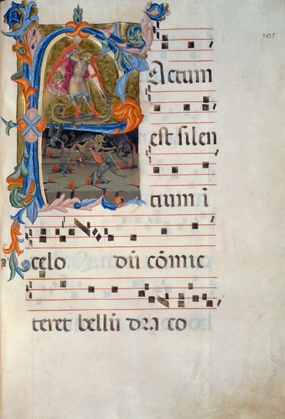 Św. Michał Archanioł pokonuje demony. Miniatura przypisywana Matteo Torelli, z antyfonarza datowanego na 1394 (Corale 5, c. 105v) autorstwa Matteo di Filippo Torelli