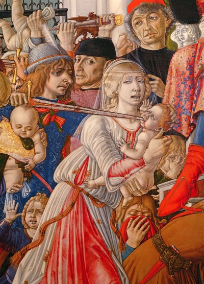 Rzeź niewiniątek, fragment żołnierza przebijającego mieczem dziecko, 1482 tempera na elemencie panelu z 106233 autorstwa Matteo di Giovanni di Bartolo