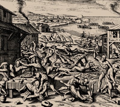 Atak Powhatan 22 marca 1622, 1628. autorstwa Matthaus the Elder Merian