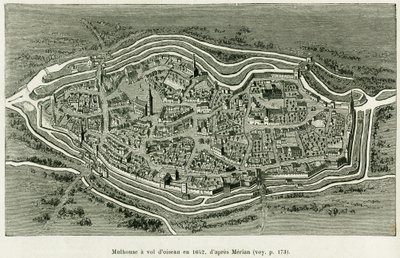 Miluza leci w 1642. Grawer Matthausa Meriana (1593-1650) ilustrujący historię A Przez Alzację i Lotaryngię, autorstwa Charlesa Grada, niemieckiego zastępcy, w 1885, w tour du monde 1886, reżyserowanym przez Edouarda Chartona (1807-1890) , Hachette, Paryż. autorstwa Matthaus the Elder (after) Merian