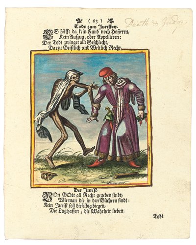 Śmierć i prawnik, ok. 1700-1725 (rycina ręcznie kolorowana) autorstwa Matthaus the Elder Merian