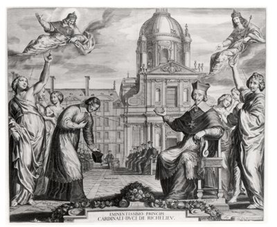 Robert de Sorbon (1201-94) i kardynał Richelieu (1575-1642) przed Sorboną, ryty przez Gregoire Huret (1606-70) 1639 autorstwa Matthaus the Elder Merian