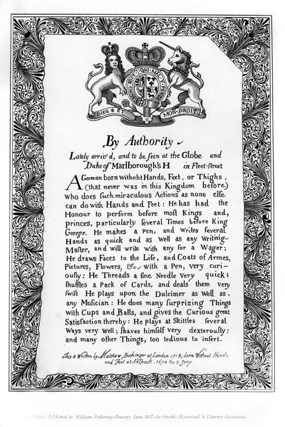 Kaligraficzny rachunek wystawowy Mateusza Buchingera, Krasnoluda z Norymburga, 1717, 1840 autorstwa Matthew Buchinger