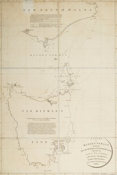 Mapa Cieśniny Bassa między Nową Południową Walią a Ziemią Van Diemansa, sporządzona przez porucznika Flindersa z HMS "Reliance" na polecenie ... Gubernator Hunter autorstwa Matthew Flinders