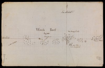 Z grubsza naszkicowana mapa "Wreck Reef" z 1803 r. ze zbioru notatek technicznych i korespondencji Admiralicji autorstwa Matthew Flinders
