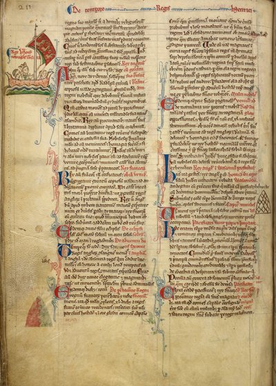 Royal 14 C. VII, f.116v Rysunek na marginesie przedstawiający króla Henryka III płynącego przez kanał La Manche do Bretanii, z fragmentem tekstu własnoręcznego autora, ilustracja z „Historii Anglorum” autorstwa Matthew Paris