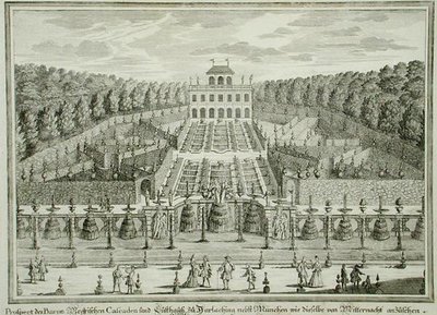 Widok na rezydencję książęcą w pobliżu Monachium, z "Erlustierende Augenweide in Vorsetellung Herrliche Garten", rycina Karla Remsharda (1678-1735), wydana ok. 1725 r. (rycina) autorstwa Matthias (after) Diesel