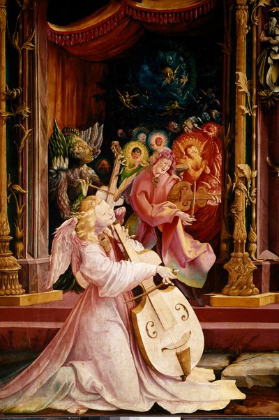 Ołtarz Issenheim (lub Isenheim): „” La Nativite”” Szczegół koncertu muzyków Angels. Anioł pośrodku gra na altówce gamba. Panele autorstwa Mathisa Neithardta Gothardta dit Matthiasa Grunewalda (1480-1528) (e.all.) 1512-1516 Wym. 265x304 cm Kol autorstwa Matthias (c.1480 1528) Grunewald