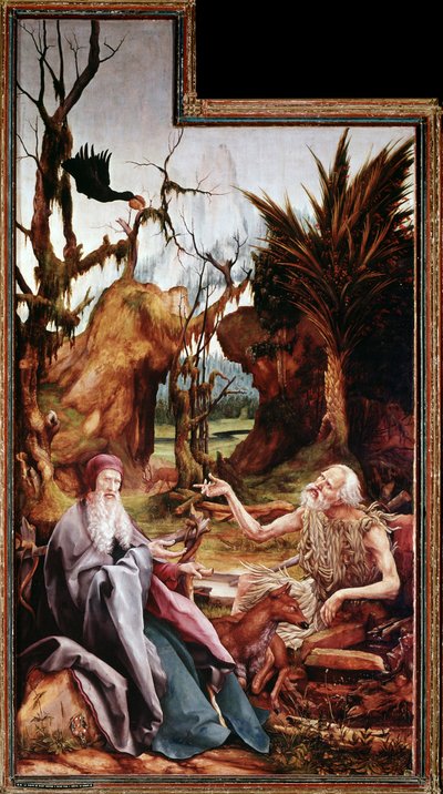 Św. Antoni Wielki i Św. Paweł na pustyni, Ołtarz z Issenheim (olej na desce) autorstwa Matthias (c.1480 1528) Grunewald