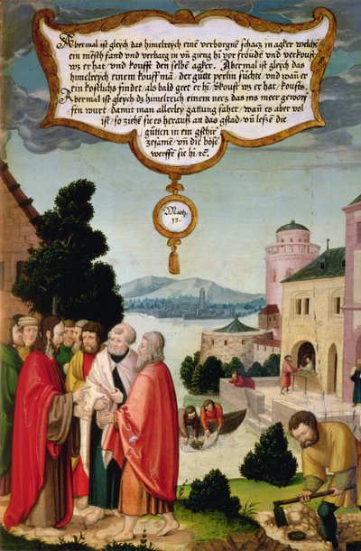 Królestwo Niebios jest jak sieć, która została wrzucona do morza i zebrała wszelkiego rodzaju ryby (Mt 13) ilustracja nauczania Chrystusa, fragment skrzydła z Ołtarza Mompelgartera autorstwa Matthias Gerung or Gerou