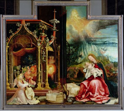Ołtarz z Isenheim. Panel centralny: Koncert Aniołów i Narodzenia, 1506-1515 autorstwa Matthias Grünewald