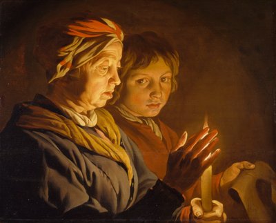 Stara kobieta i chłopiec przy świecach, 1630-1650 autorstwa Matthias Stomer