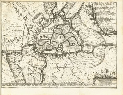 Beleg van Gent, 1708 Mapa oblężenia i ataków na miasto i cytadelę Gandawy oblegane przez wojska aliantów w dniu 22 grudnia 1708 r. pod przewodnictwem księcia i księcia Marlborough (tytuł na obiekcie) autorstwa Matthijs Pool (possibly)