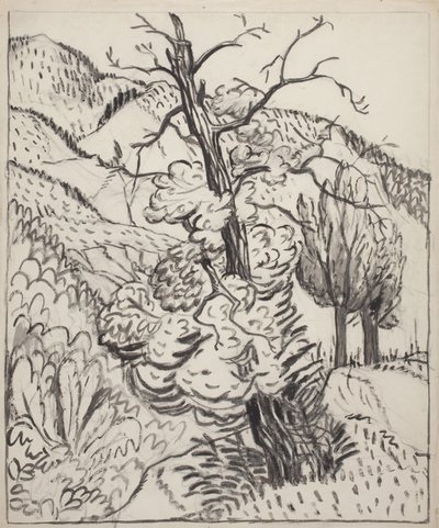 Drzewo na zboczu góry, ok. 1930 (pędzel, tusz i węgiel na białym papierze) autorstwa Maud Hunt Squire