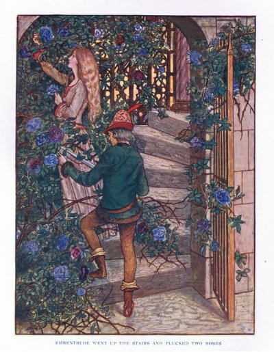 Ermentrude weszła po schodach i zerwała róże, ilustracja z „Pani i bajek”, 1914 autorstwa Maud Tindal Atkinson