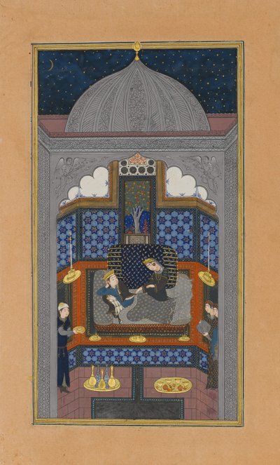Bahram Gur i indyjska księżniczka w Mrocznym Pałacu w sobotę, Folio 23v..., ca. 1430. autorstwa Maulana Azhar