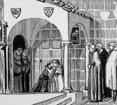 Francuski król Saint Louis (Louis IX 1214-1270) jako pielgrzym odwiedzający Saint Frere Gilles w Perugii, grawerowany przez Jacquesa Beltranda na podstawie rysunku Maurice
