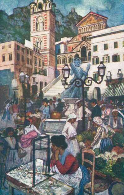 Amalfi, Piazza i Duomo (kolorowa litografia) autorstwa Maurice (after) Greiffenhagen