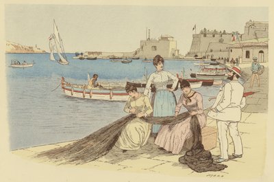 Mężczyzna rozmawiający z grupą kobiet naprawiających sieci rybackie w miejscowości Villefranche we Francji (kolor lito) autorstwa Maurice Charles Mathieu Bonvoisin