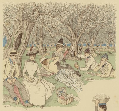 Piknik pod drzewami oliwnymi w Beaulieu na południu Francji (kolor lito) autorstwa Maurice Charles Mathieu Bonvoisin