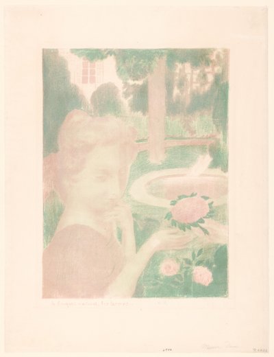 Młoda kobieta otrzymuje bukiet kwiatów w ogrodzie Le bouquet matinal, les larmes... (tytuł na obiekcie) Reprezentacje miłości (tytuł serii) Amour (tytuł serii) autorstwa Maurice Denis