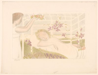 Śpiąca dziewczyna dostaje wianek z kwiatów Alegoria (tytuł na obiekcie) Reprezentacje miłości (tytuł serii) Amour (tytuł serii) autorstwa Maurice Denis