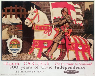 Plakat British Rail reklamujący "Historic Carlisle, Gateway to Scotland", 1924 r. autorstwa Maurice Greiffenhagen