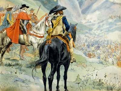 Historia Francji: Wojna o sukcesję Mantui (1628-1631) podczas wojny trzydziestoletniej. Bitwa pod Pas de Suze (Susa) reprezentująca króla Ludwika XIII (1601-1643) i kardynała Richelieu (Armand Jean du Plessis autorstwa Maurice Leloir