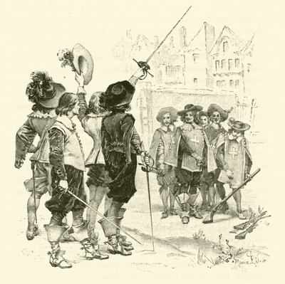 Ilustracja do Trzech Muszkieterów (rycina) autorstwa Maurice Leloir