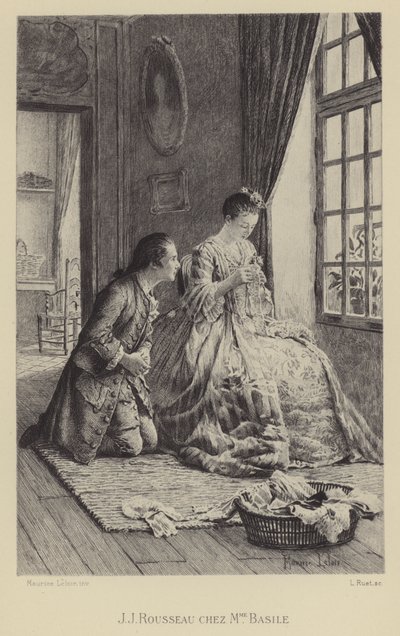 Jean-Jacques Rousseau w domu Madame Basile (wklęsłodruk) autorstwa Maurice Leloir