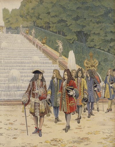 Król Ludwik XIV i Samuel Bernard w Marly, wizyta w ogrodach autorstwa Maurice Leloir