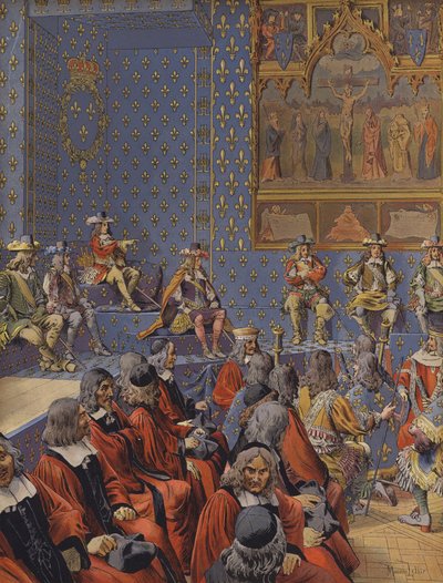 Król Ludwik XIV siedzący w butach w Parlamencie autorstwa Maurice Leloir