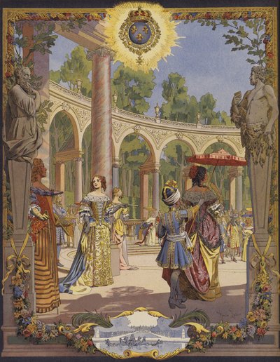 Król Ludwik XIV odwiedzający dzieła w Wersalu, Le Bosquet De La Colonnade autorstwa Maurice Leloir
