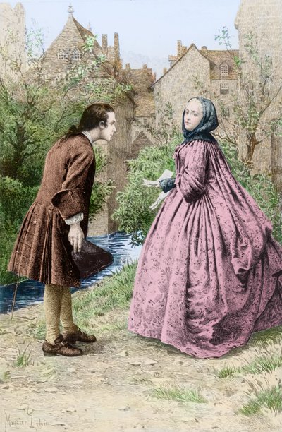Spotkanie młodego Jean-Jacques Rousseau i przyszłej bliskiej przyjaciółki Madame de Warens, 21 marca 1728 autorstwa Maurice Leloir