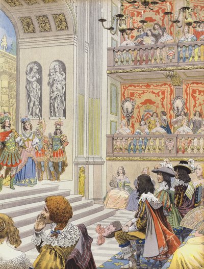 Spektakl w teatrze Palais Cardinal of Mirame, sztuka napisana przez Richelieu i Desmarets autorstwa Maurice Leloir