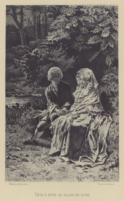 Tete-a-tete w świetle księżyca (grawiura) autorstwa Maurice Leloir