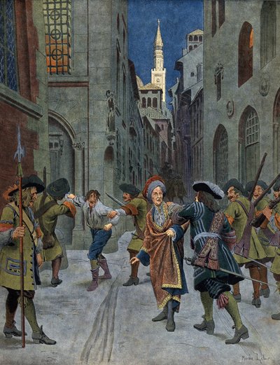 Wojna o sukcesję hiszpańską: Zdobycie Francois z Neufville de Villeroy (1644-1730) podczas zdobywania Cremone (Cremona) przez wojska księcia Eugeniusza (Eugeniusz Francois de Savoie (1663-1736), w 1702 r. Chromotypografia w „” Le Roy Soleil”” ( autorstwa Maurice Leloir