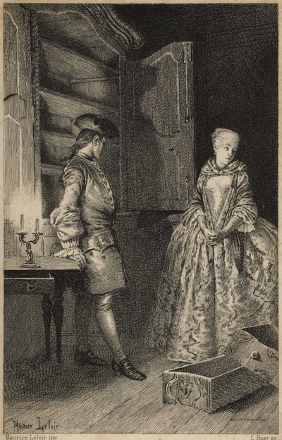 odkrycie Vol - w „Historii Manon Lescaut i kawalera Des Grieux” Abbe Prevosta (1697-1763), francuskiego pisarza. Grawerowanie według rysunków Maurice
