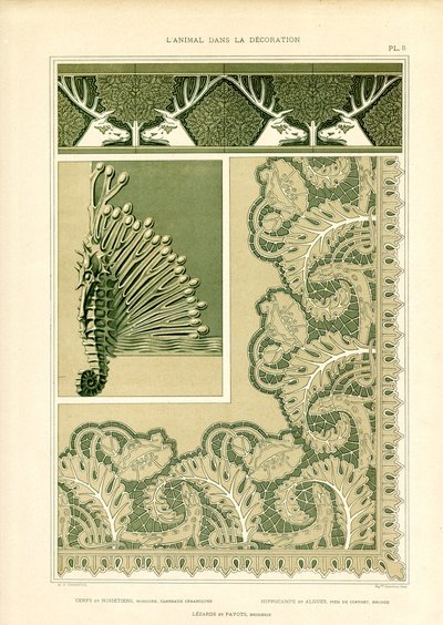 Dekoracyjne ozdoby zwierzęce z jeleniami i morskimi stworzeniami (litografia) autorstwa Maurice Pillard Verneuil