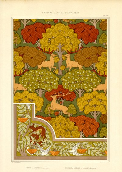 Dekoracyjny wzór lasu z jeleniami i drzewami (litografia) autorstwa Maurice Pillard Verneuil