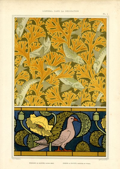 Motywy ryb i gołębi w ozdobnej kondensacji natury (litografia) autorstwa Maurice Pillard Verneuil